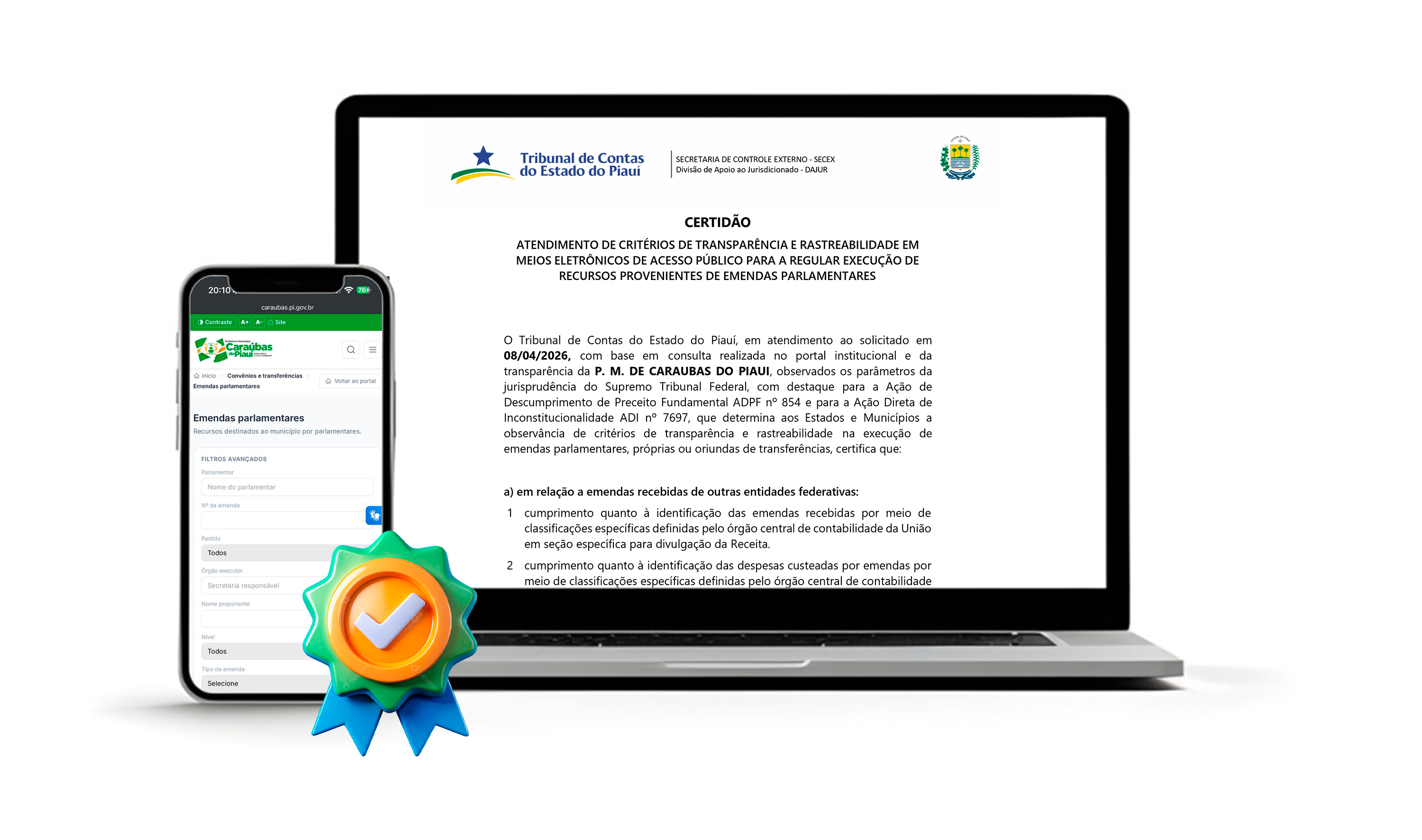 Caraúbas do Piauí é certificada pelo TCE-PI por transparência na gestão de emendas parlamentares