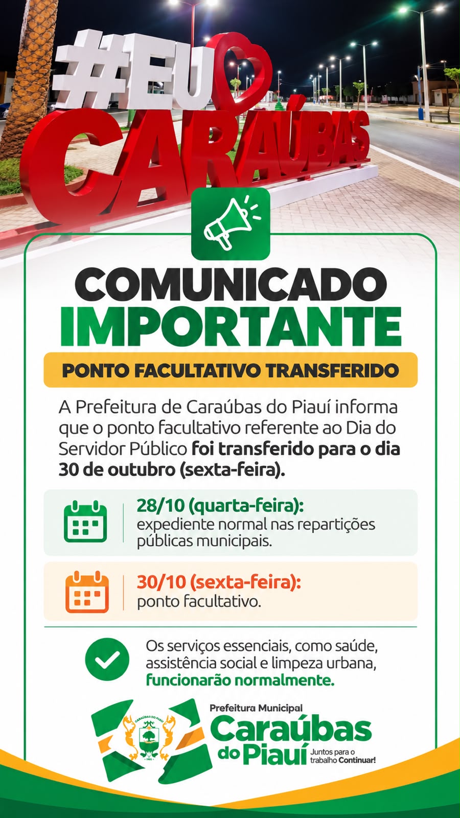 Prefeitura de Caraúbas do Piauí transfere ponto facultativo do Dia do Servidor Público para sexta-feira (30)