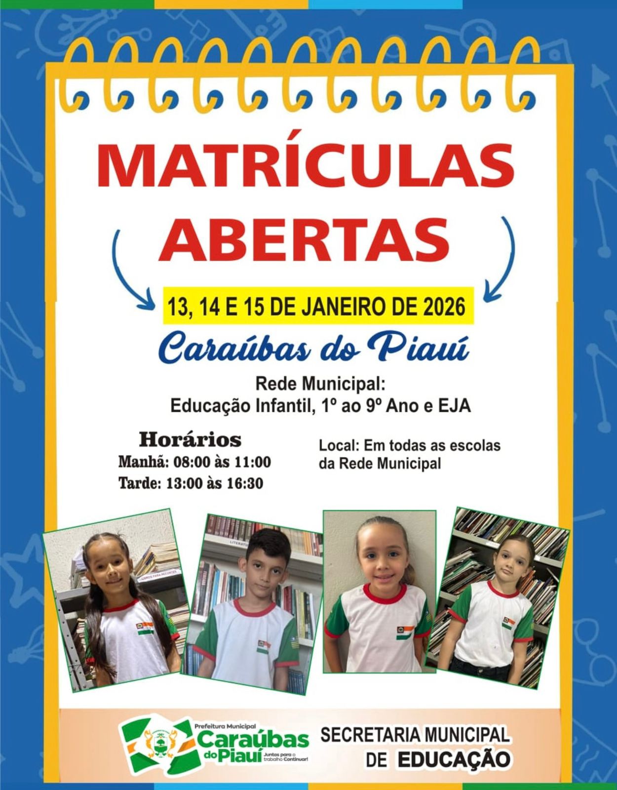 Prefeitura de Caraúbas do Piauí divulga calendário de matrículas da rede municipal para o ano letivo de 2026